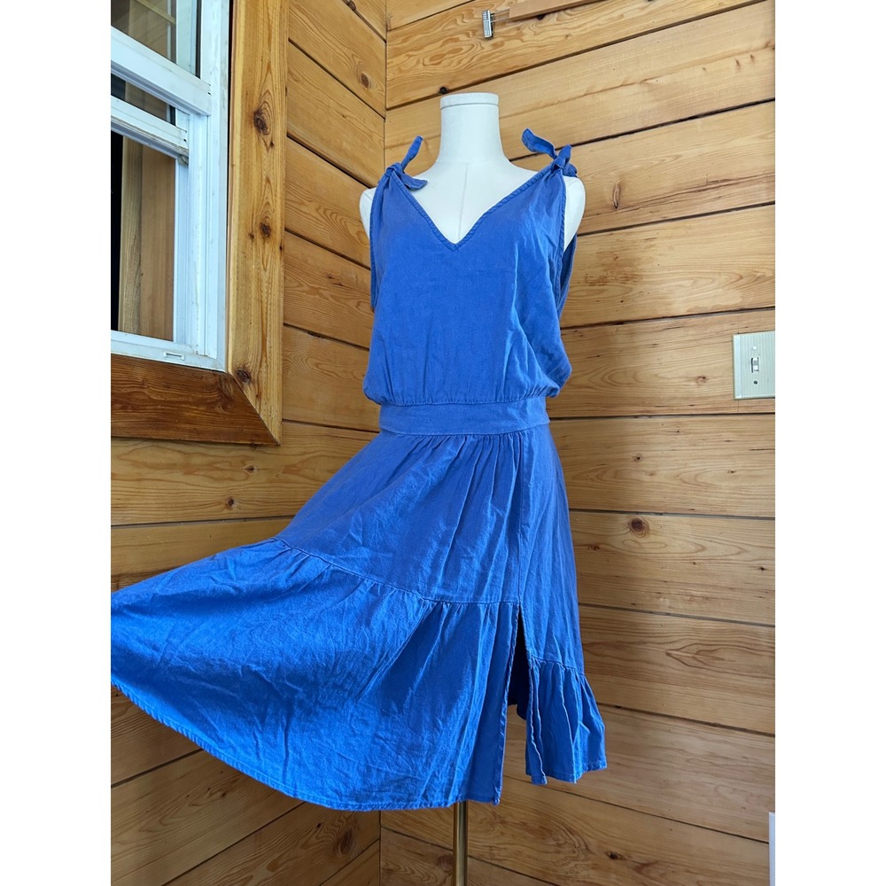 Linen Blend Sundress Women Large Royal Blue Shoulder Tie Tiered Ruffle Justina - Picture 4 of 14
